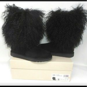 NIB UGG LIDA MONGOLIAN FUR CUFF BLACK BOOTS